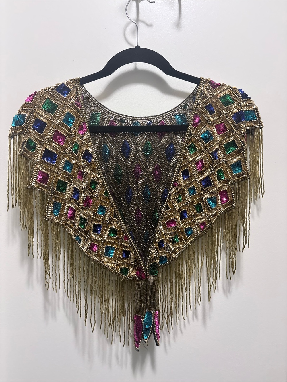 Embellished Beaded Fringe Capelet in Gold with Jewel Tones